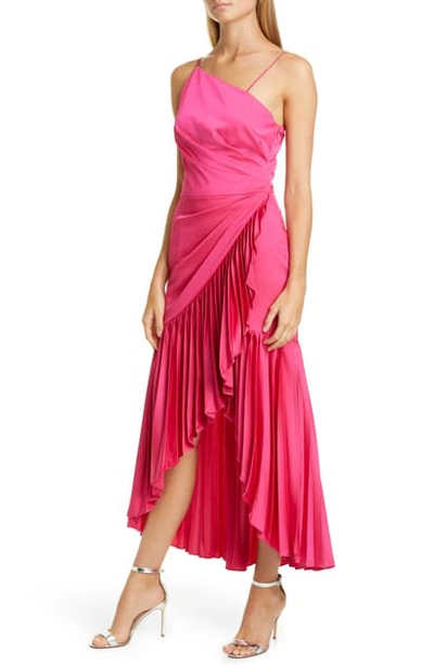 Shop Flor Et.al Izamal Asymmetrical High/low Satin Cocktail Dress In Hot Pink