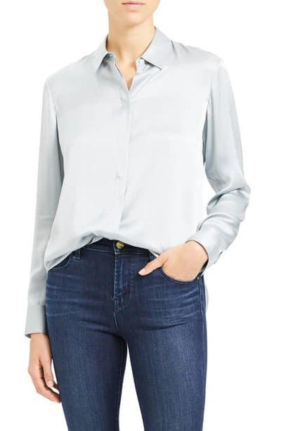 Shop Theory Silk Button-up Shirt In Mist Blue