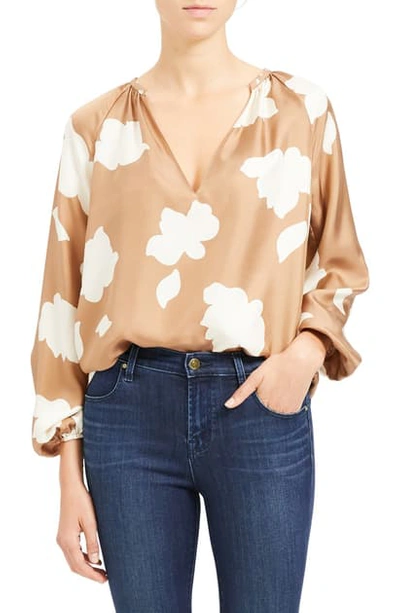 Shop Theory Floral Print Silk Top In Bright Camel