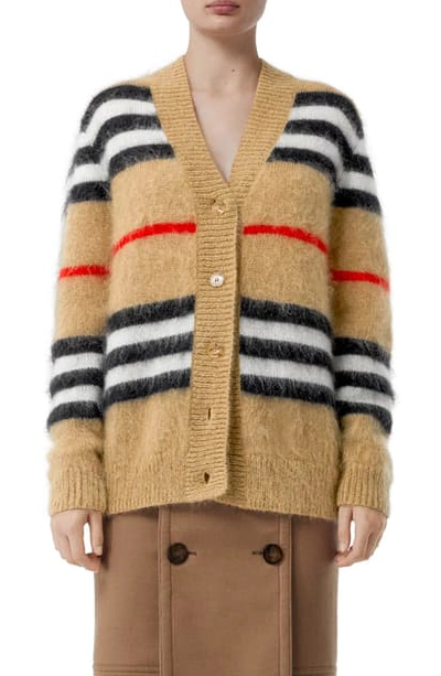 Shop Burberry Gamtoos Icon Stripe Mohair Blend Cardigan In Archive Beige