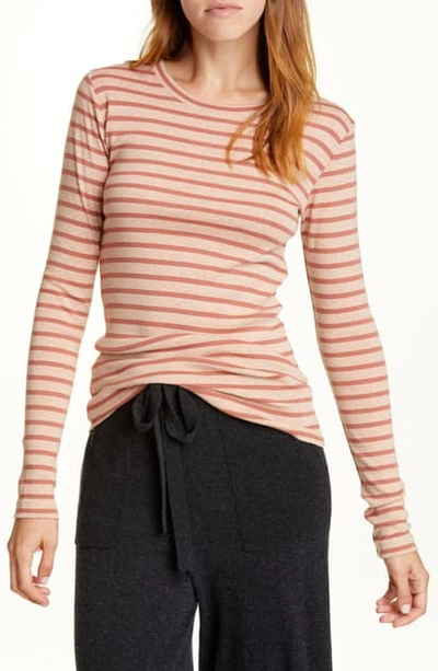 Shop Vince Feeder Stripe Long Sleeve Pima Cotton Blend Top In Heather Pink/ Dark Pink