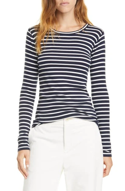 Shop Vince Feeder Stripe Long Sleeve Pima Cotton Blend Top In Wavecrest/ Off White