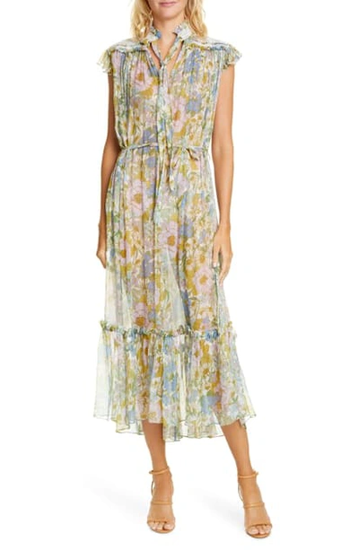 Shop Zimmermann Super Eight Tie Neck Floral Print Silk Midi Dress In Blue Meadow