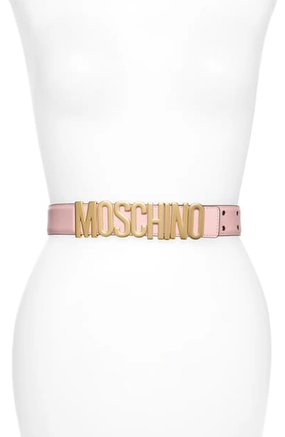 Shop Moschino Logo Plate Leather Belt In Pink/ Gold