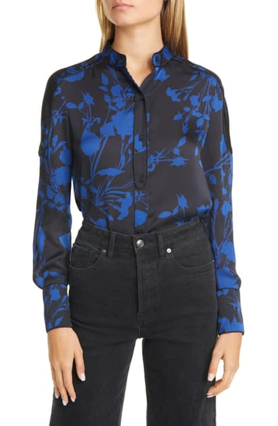 Shop Equipment Garland Floral Print Long Sleeve Silk Shirt In Deep Well Blue