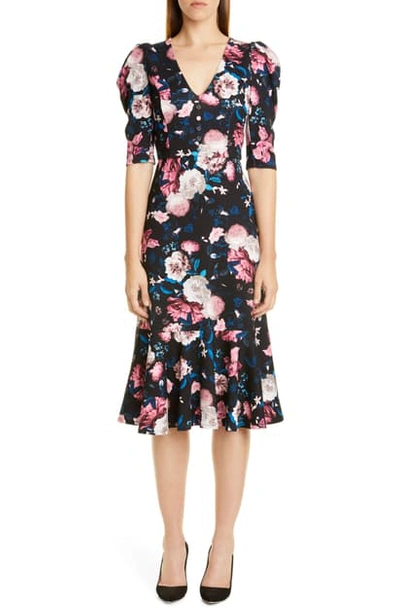 Shop Erdem Floral Print Ruffle Hem Jersey Dress In Black / Pink