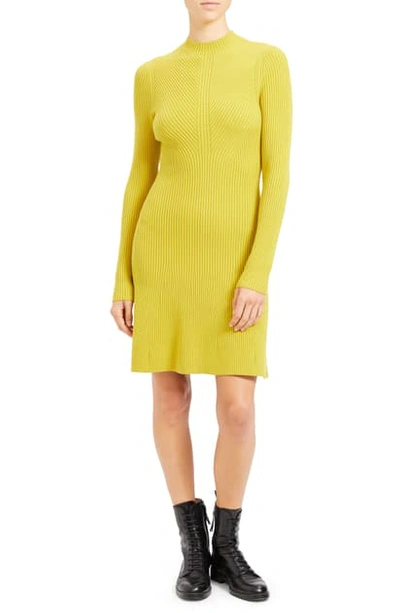 Shop Theory Regal Moving Ribbed Long Sleeve Merino Wool Blend Sweater Dress In Citron