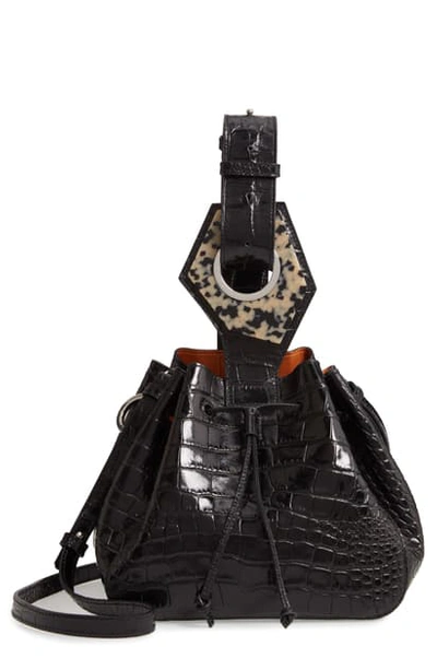 Shop Ganni Triangle Drawstring Croc-embossed Leather Bag In Black