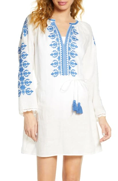 Shop Tory Burch Embroidered Linen Cover-up Tunic In New Ivory