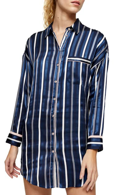Details about  / Topshop Womens Stripe Satin Pajama Shirt Button Front Navy Blue Long Sleeves S