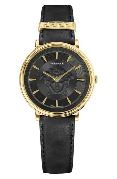 Shop Versace V-circle Leather Strap Watch, 38mm In Black/ Gold