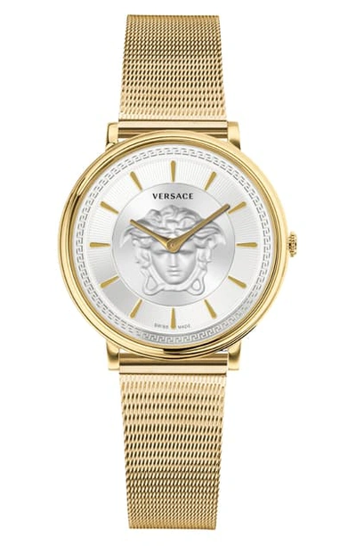 Shop Versace V-circle Mesh Strap Watch, 38mm In Gold/ White