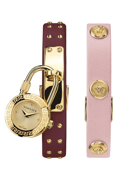 Shop Versace Medusa Lock Icon Leather Strap Watch, 22mm In Pink/ Gold