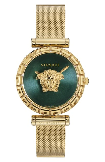 Shop Versace Palazzo Empire Greca Mesh Strap Watch, 37mm In Gold/ Green/ Gold