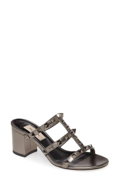 Shop Valentino Rockstud Strappy Block Heel Slide Sandal In Silver