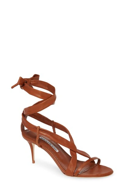 Shop Manolo Blahnik Tor Ankle Wrap Sandal In Tan Leather