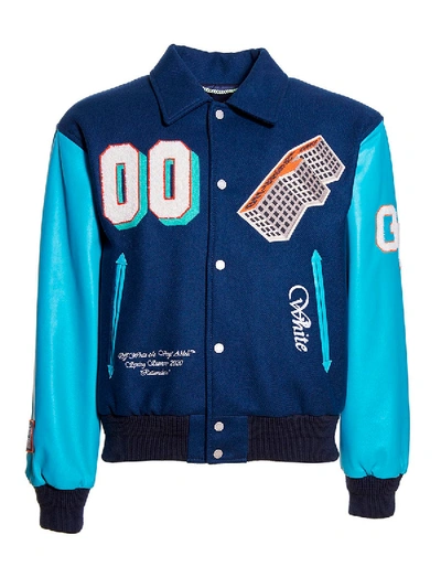 Shop Off-white Golden Ratio Leather Varsity Jacket Blue