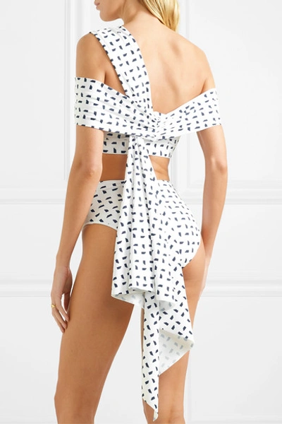 Shop Self-portrait Off-the-shoulder Draped Cutout Printed Bikini Top In White