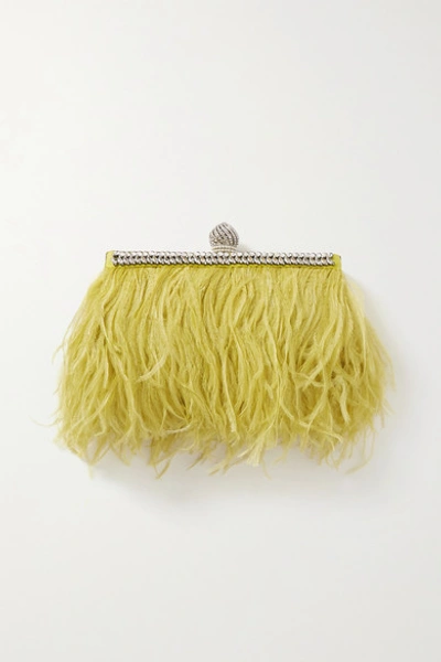 Shop Jimmy Choo Celeste Feather And Crystal-embellished Satin Clutch In Yellow
