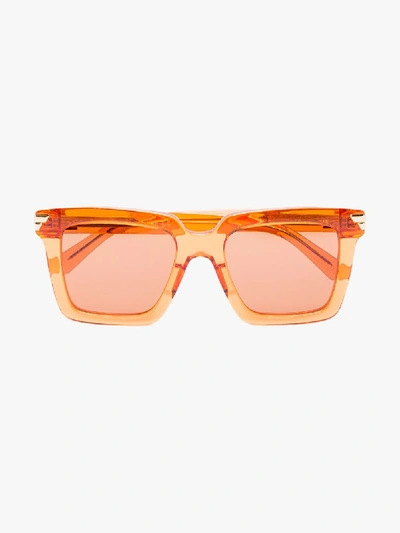 Shop Bottega Veneta Orange Havana Square Sunglasses