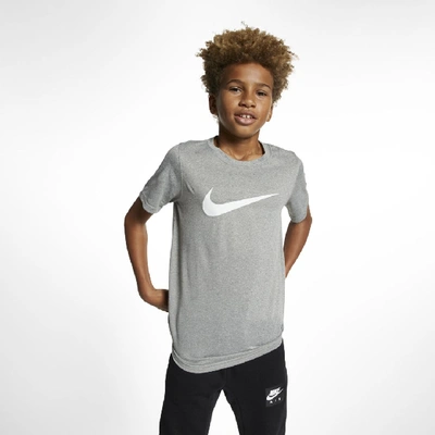 Shop Nike Dri-fit Big Kids' Swoosh Training T-shirt In Dark Grey Heather,white