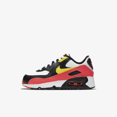 Shop Nike Air Max 90 Leather Little Kids' Shoe In White/black/bright Crimson/chrome Yellow