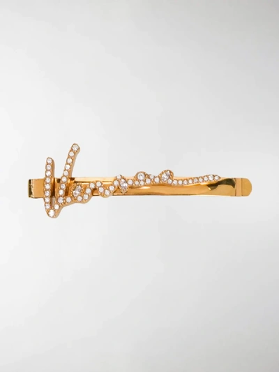 Shop Versace Crystal Logo Hair Pin In Gold