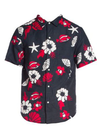 Shop Thom Browne Straight-fit Printed Linen-blend Shirt In Red White