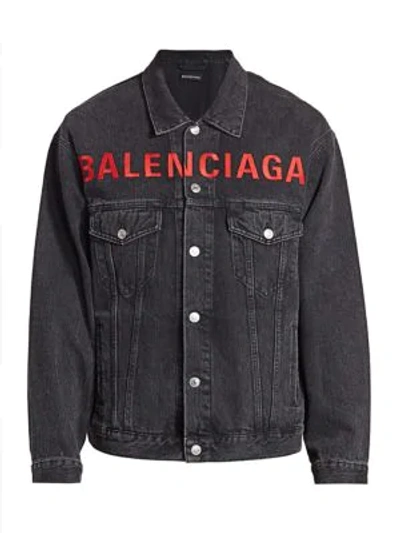 Shop Balenciaga Men's Front Logo Denim Jacket In Black