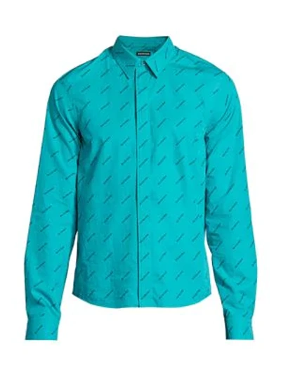 Shop Balenciaga Men's Allover Logo Fitted Shirt In Turquoise