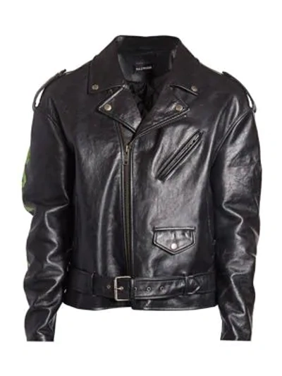 Shop Balenciaga Men's Painted Leather Biker Jacket In Black