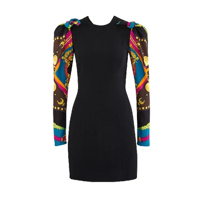Shop Versace Short Dress With Printed Sleeves In Nero + Stampa