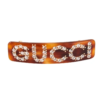 Shop Gucci Logo Hair Barrette In Brown
