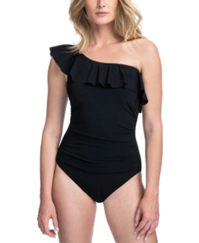 Shop Profile By Gottex Tutti Frutti Ruffled One-shoulder Tummy Control One-piece Swimsuit Women's Swimsui In Black