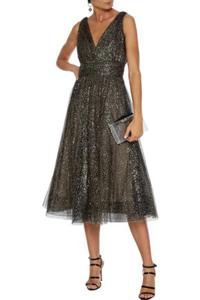 Shop Marchesa Notte Gathered Glittered Tulle Midi Dress In Black
