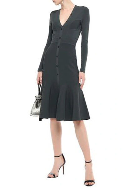 Shop Narciso Rodriguez Fluted Button-embellished Ponte Dress In Dark Gray