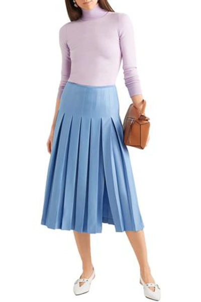 Shop Victoria Beckham Pleated Crepe Midi Skirt In Light Blue