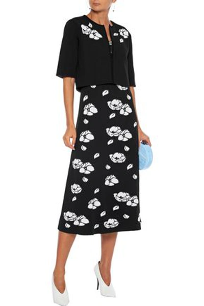 Shop Carolina Herrera Cropped Metallic Floral-jacquard Cardigan In Black