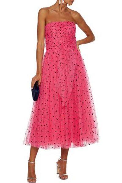 Shop Carolina Herrera Strapless Pleated Flocked Tulle Gown In Pink