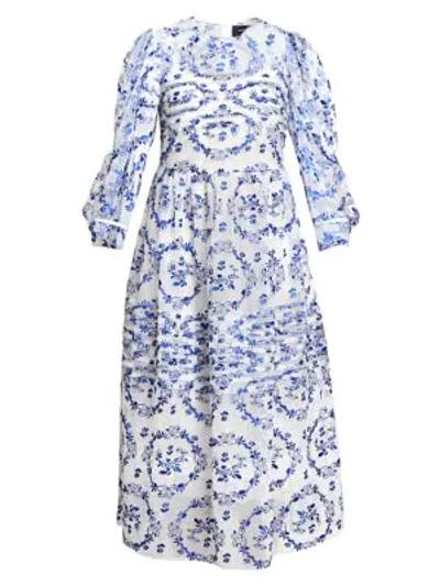 Shop Simone Rocha Pleated Puff-sleeve Tulle Midi Dress In Ivory Blue