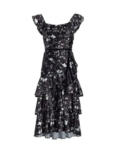 Shop Marchesa Notte Floral Flutter-sleeve Ruffle Dress In Black
