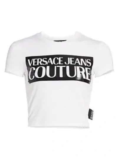 Shop Versace Jeans Couture Lady Logo Cropped T-shirt In Bianco