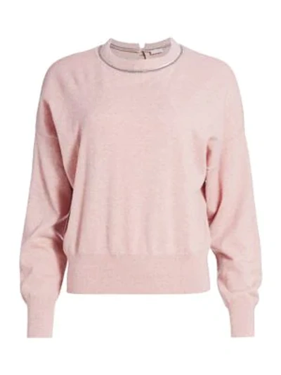 Shop Brunello Cucinelli Monili-trim Cashmere Knit Crewneck Sweater In Rose