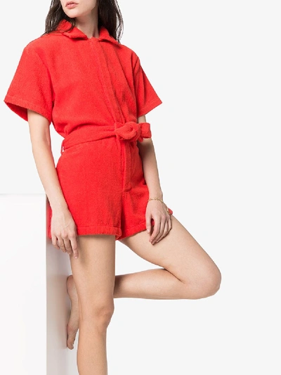 Shop Terry Towelling Terry Tie Waist Cotton Playsuit In Red