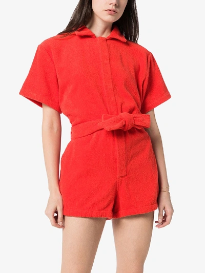 Shop Terry Towelling Terry Tie Waist Cotton Playsuit In Red
