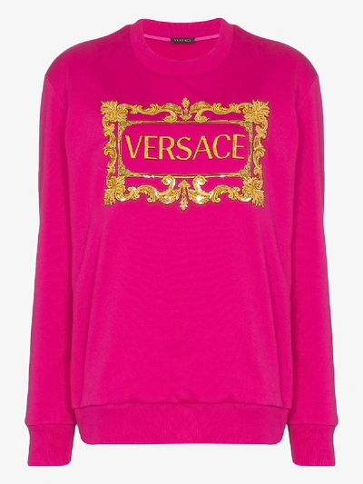Shop Versace Baroque Frame Cotton Logo Sweatshirt In Pink