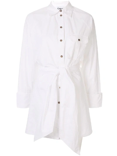 Shop Ganni Belted Long Sleeved Shirt In White