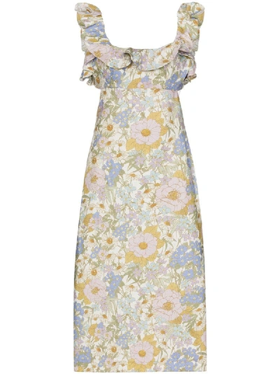 Shop Zimmermann Ruffled Floral-print Linen Dress In Blue