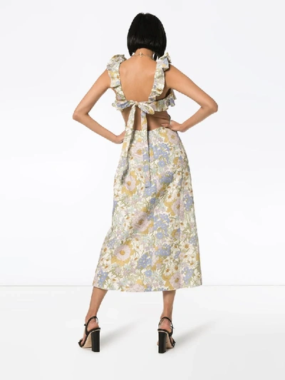 Shop Zimmermann Ruffled Floral-print Linen Dress In Blue