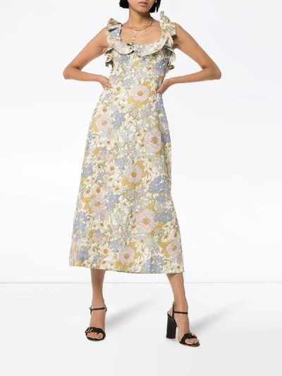 Shop Zimmermann Ruffled Floral-print Linen Dress In Blue